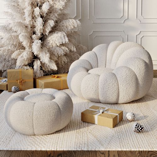 White armchair shop and ottoman